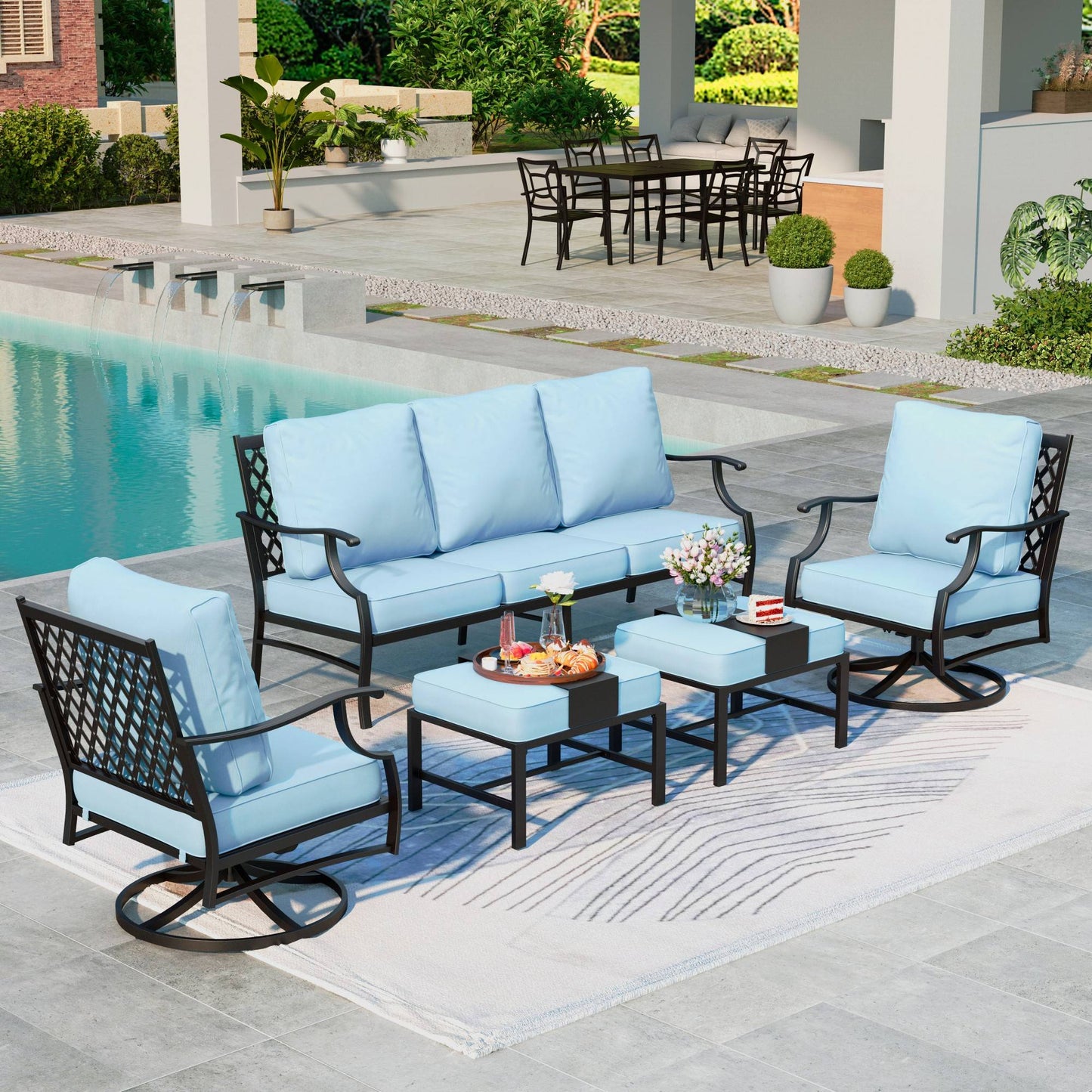 Summit Living 7-Seater Patio Conversation Set Metal Outdoor Furniture Set with Swivel Chairs and Ottomans - Blue
