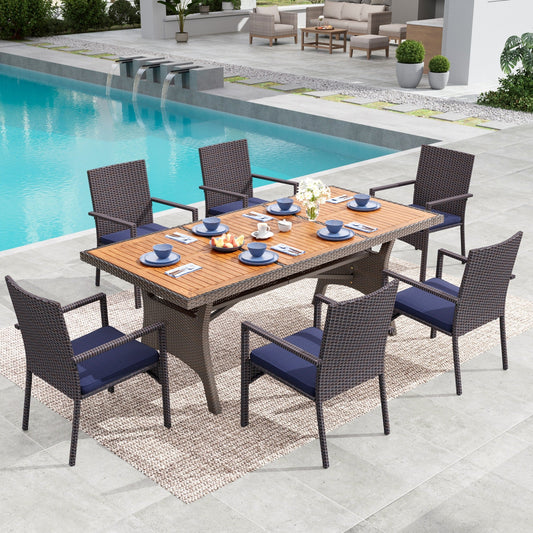 MF Studio 7-Piece Patio Dining Set, All-Weather Rattan Outdoor Dining Set with 74.8" Rectangular Acacia Wood Table, Dark Brown and Blue