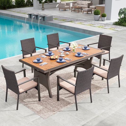 MF Studio 7-Piece Patio Dining Set, All-Weather Rattan Outdoor Dining Set with 74.8" Rectangular Acacia Wood Table, Dark Brown and Beige
