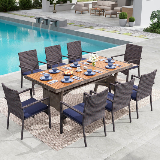 MF Studio 9-Piece Patio Dining Set, All-Weather Rattan Outdoor Dining Set with 74.8" Rectangular Acacia Wood Table, Dark Brown and Blue