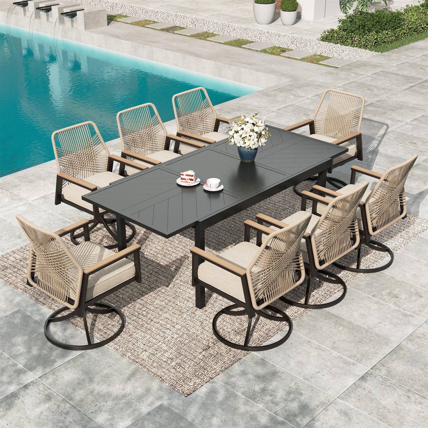 MF Studio 9-Piece Outdoor Patio Dining Set with Extendable Table & Swivel All-Weather Rattan Rope Chair , Black and Beige