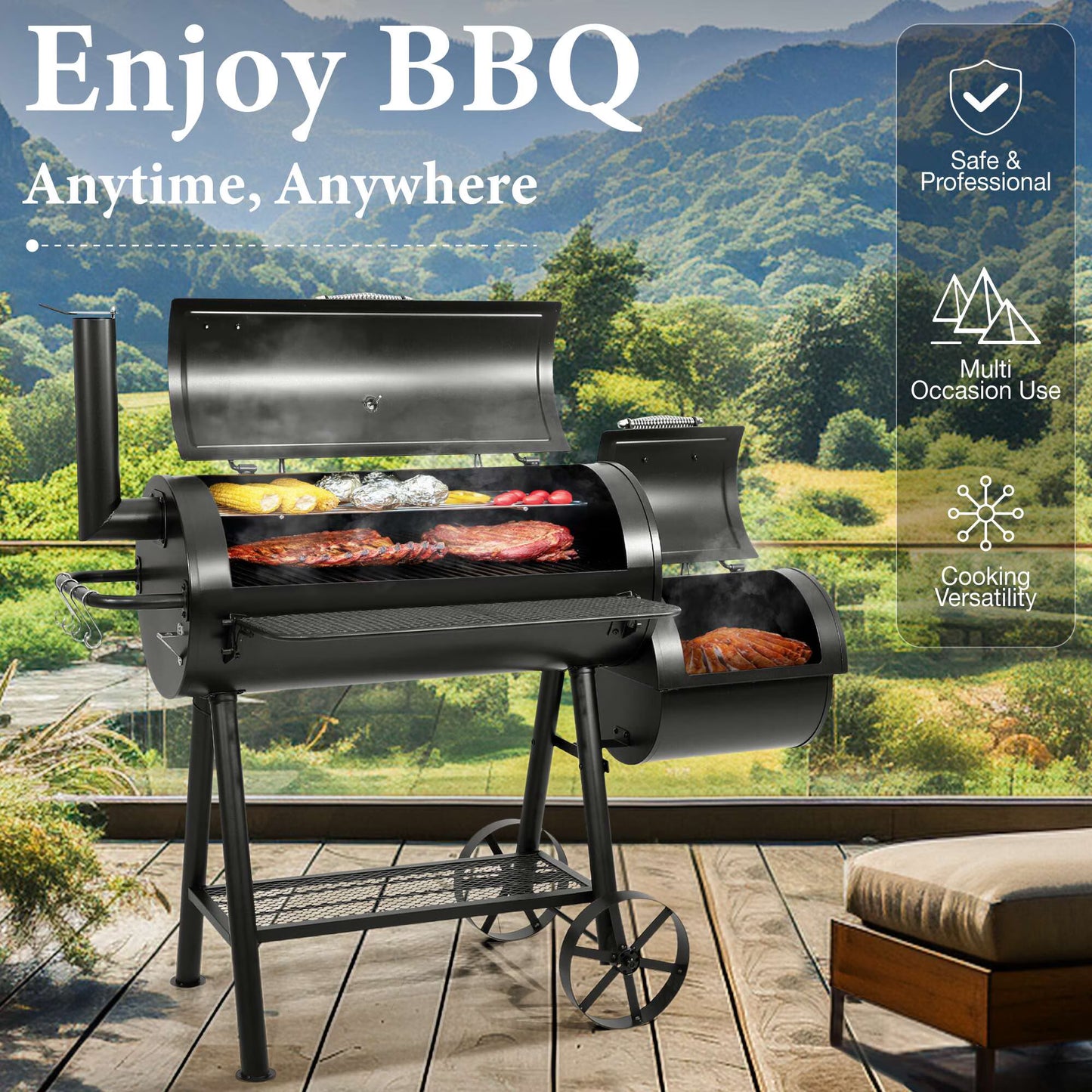 MF Studio Charcoal Grill with Offset Smoker 941 sq.in. Extra Large BBQ Grill Black
