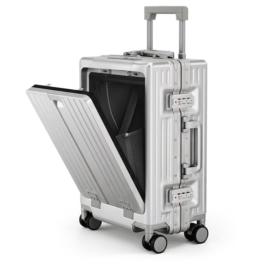SUMMIT LIVING 20 inch Carry on Luggage, Top Opening Hardshell Zipperless Suitcase with Lightweight PC & Aluminum Frame, TSA locks, Spinner Wheels, USB Charging Port, Cup Holder, Silver Gray
