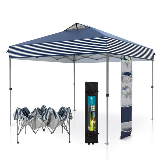 Summit Living 10 by 10 Ft Pop up Canopy Tent Straight Legs Instant Canopy for Outside with Wheeled Bag Blue and White Stripes