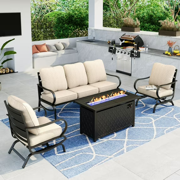 Summit Living 4 Pieces Patio Conversation Set with 45" Fire Pit Table Outdoor furniture Sectional Sofa for 5 Person, Beige Cushions