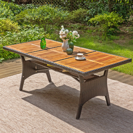 MF Studio 74.8" Patio Table with Acacia Wood Tabletop, 8-Person All-Weather Rattan Outdoor Dining Table, Brown