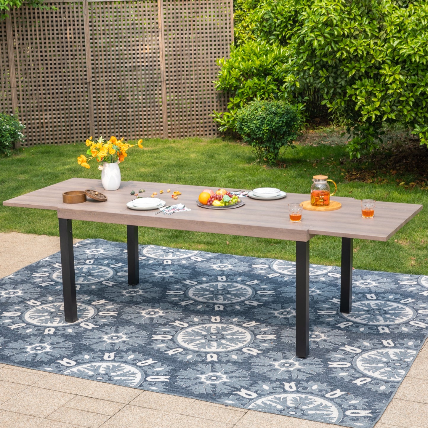 Summit Living Outdoor Expandable Patio Dining Table, 6-8 Person Large Metal Outdoor Table, Wood Grain Tabletop & Straight Leg