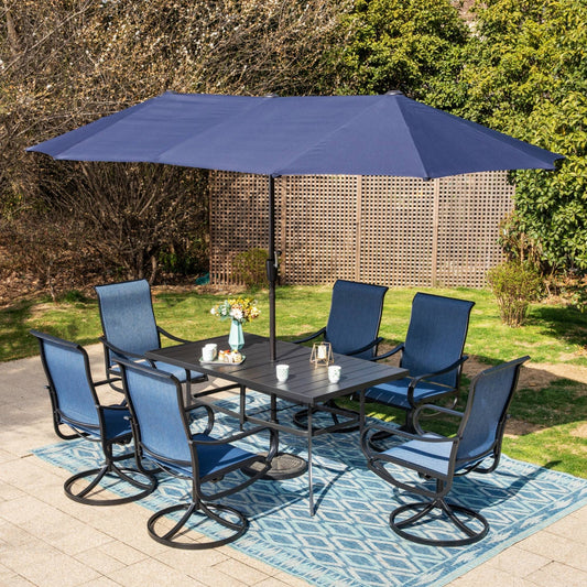 Summit Living 6-Person Outdoor Patio Dining Set with 13ft Navy Blue Patio Umbrella, 6 Textilene Outdoor Swivel Chairs & 1 Large Metal Rectangle Table, Blue & Black