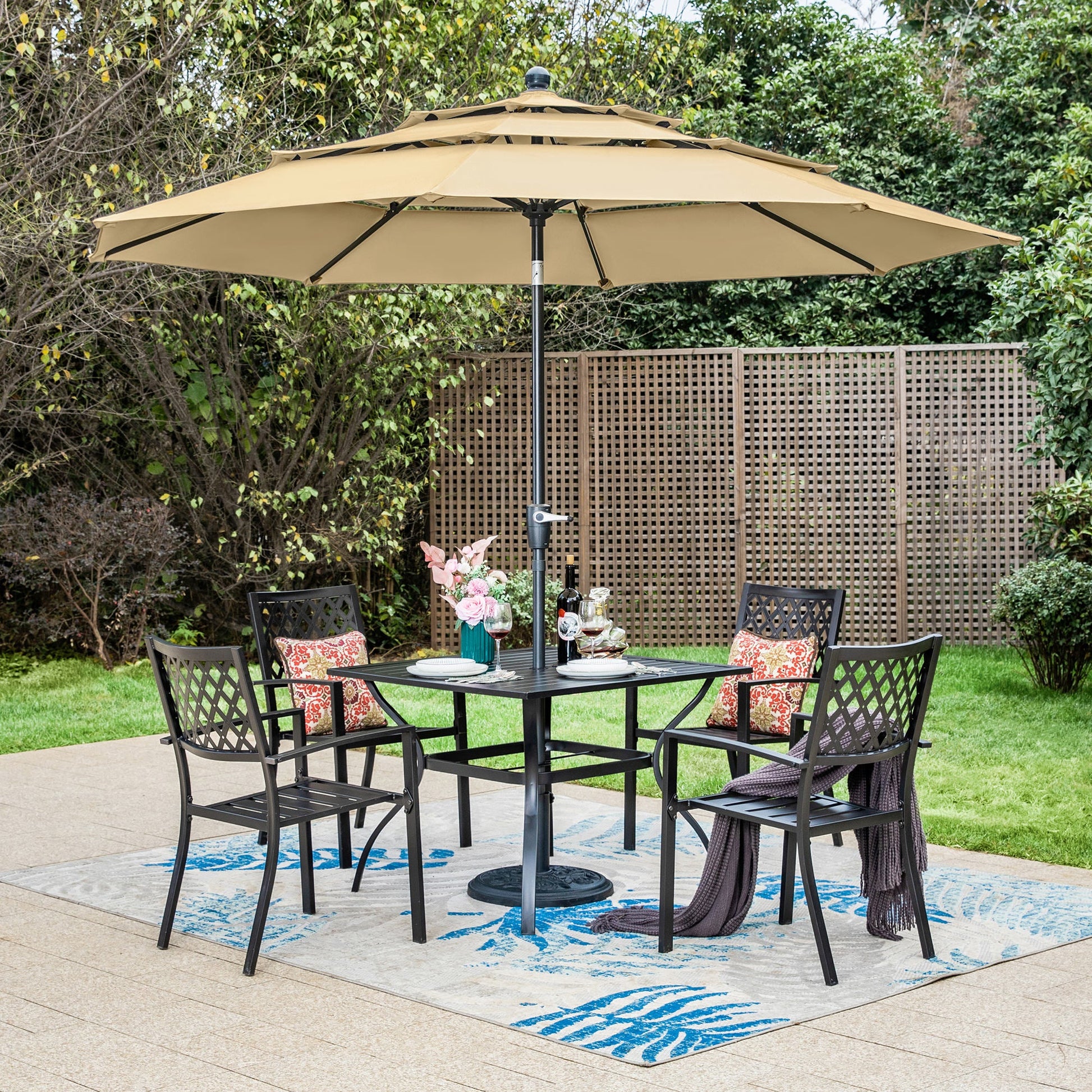 6 piece patio furniture with umbrella MF Studio 6-Piece Outdoor Dining Set with 10 ft Umbrella, 4 Stacking C – summitlivin
