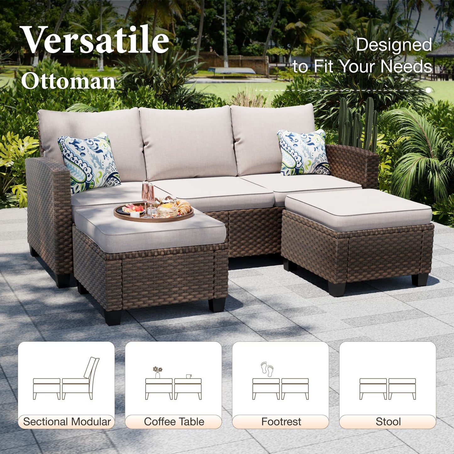 MF Studio 7-Seater Outdoor Patio Furniture Set with Swivel Chair Sofa and Fire Pit Table Wicker Patio Sectional Conversation Set Beige