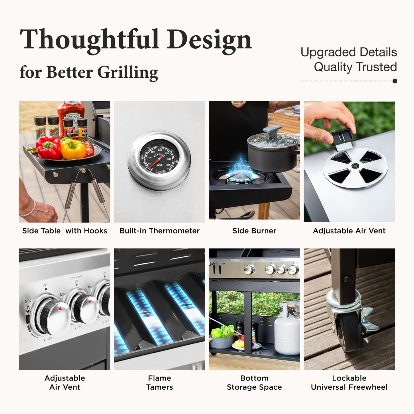 MF Studio Gas and Charcoal Grill Combo Dual Fuel 3-burner 37,000 BTU BBQ Grill with Side Burner
