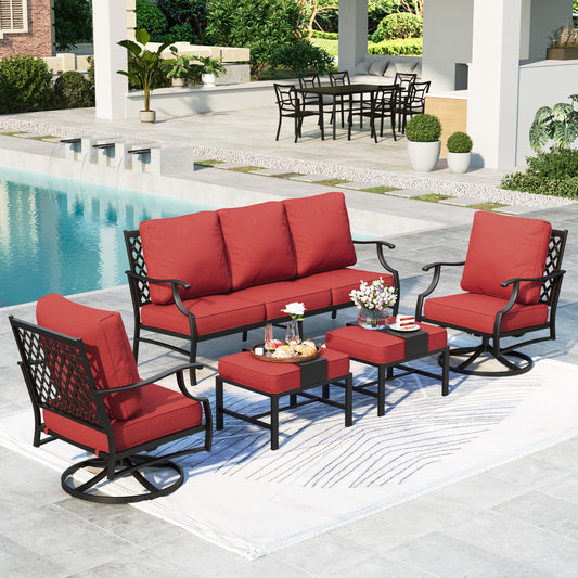Summit Living 7-Seater Patio Conversation Set Metal Outdoor Furniture Set with Swivel Chairs and Ottomans - Red
