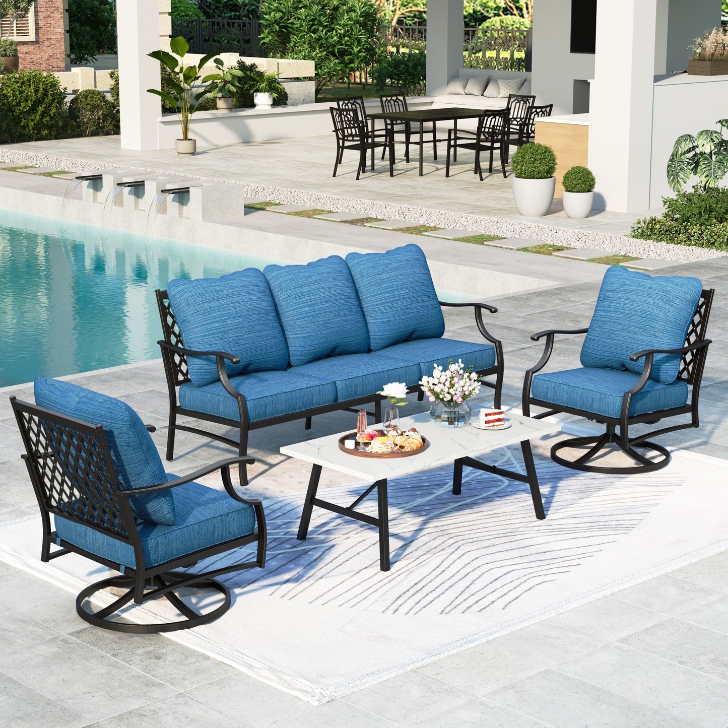 Summit Living 5-Seater Patio Conversation Set Metal Outdoor Furniture Set with Swivel Chairs and Table - Peacock Blue