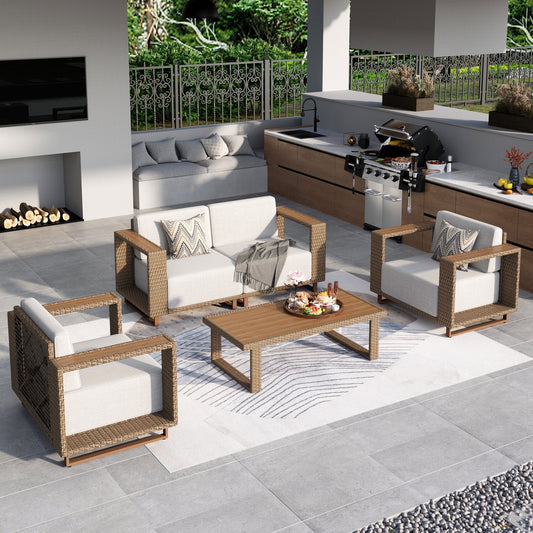 Summit Living 4-Piece Patio Furniture Set, Wicker Outdoor Conversation Set with Coffee Table, Patio Sofa with Thick Cushions, Beige