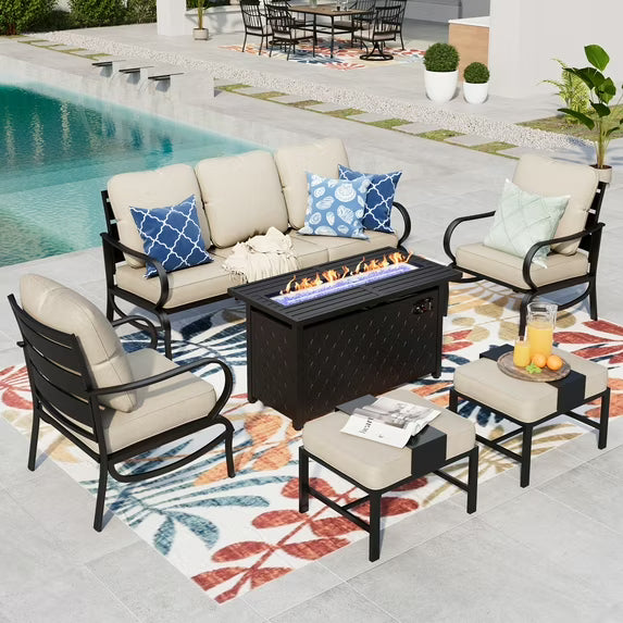 Summit Living 6 Pieces Patio Conversation Set with 45" Rectangle Fire Pit, Outdoor Metal Furniture Sofa for 7 Person, Beige Cushions