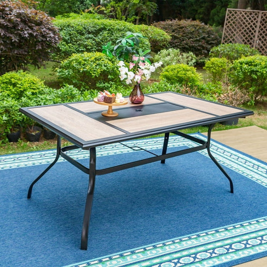 Summit Living Rectangle Outdoor Dining Table with Faux Wood Top & Umbrella Hole for 6-Person, Black