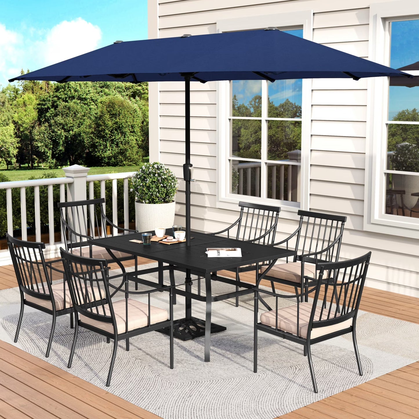 MF Studio 8-Piece Outdoor Patio Dining Set with 13 ft Umbrella, Cushioned Chairs & Large Table for 6-Person, Black & Navy Blue