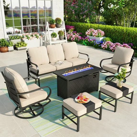 Summit Living 6 Pieces Patio Conversation Set with 45" Rectangle Fire Pit, Outdoor Metal Furniture Sofa for 7 Person, Beige Cushions