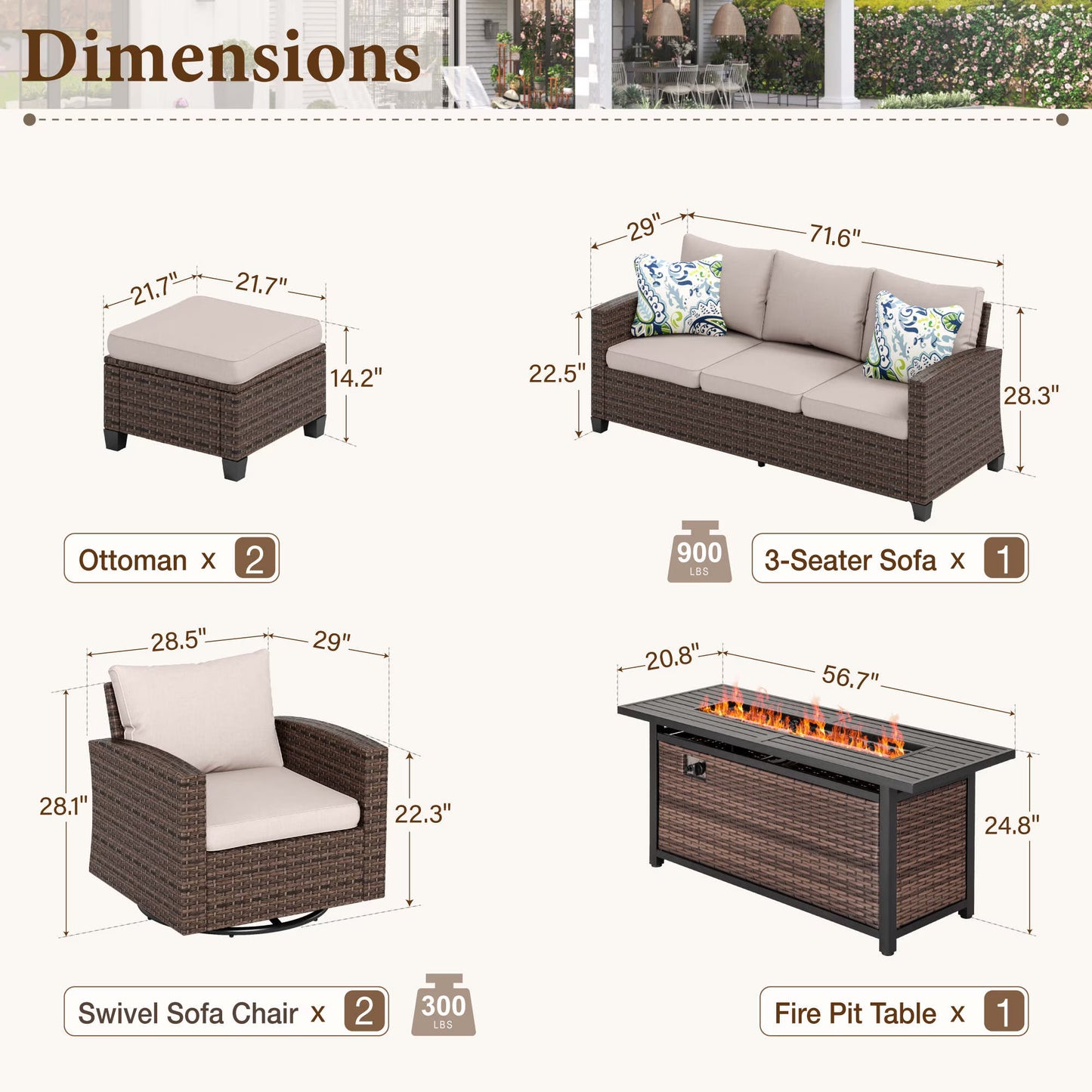 MF Studio 7-Seater Outdoor Patio Furniture Set with Swivel Chair Sofa and Fire Pit Table Wicker Patio Sectional Conversation Set Beige