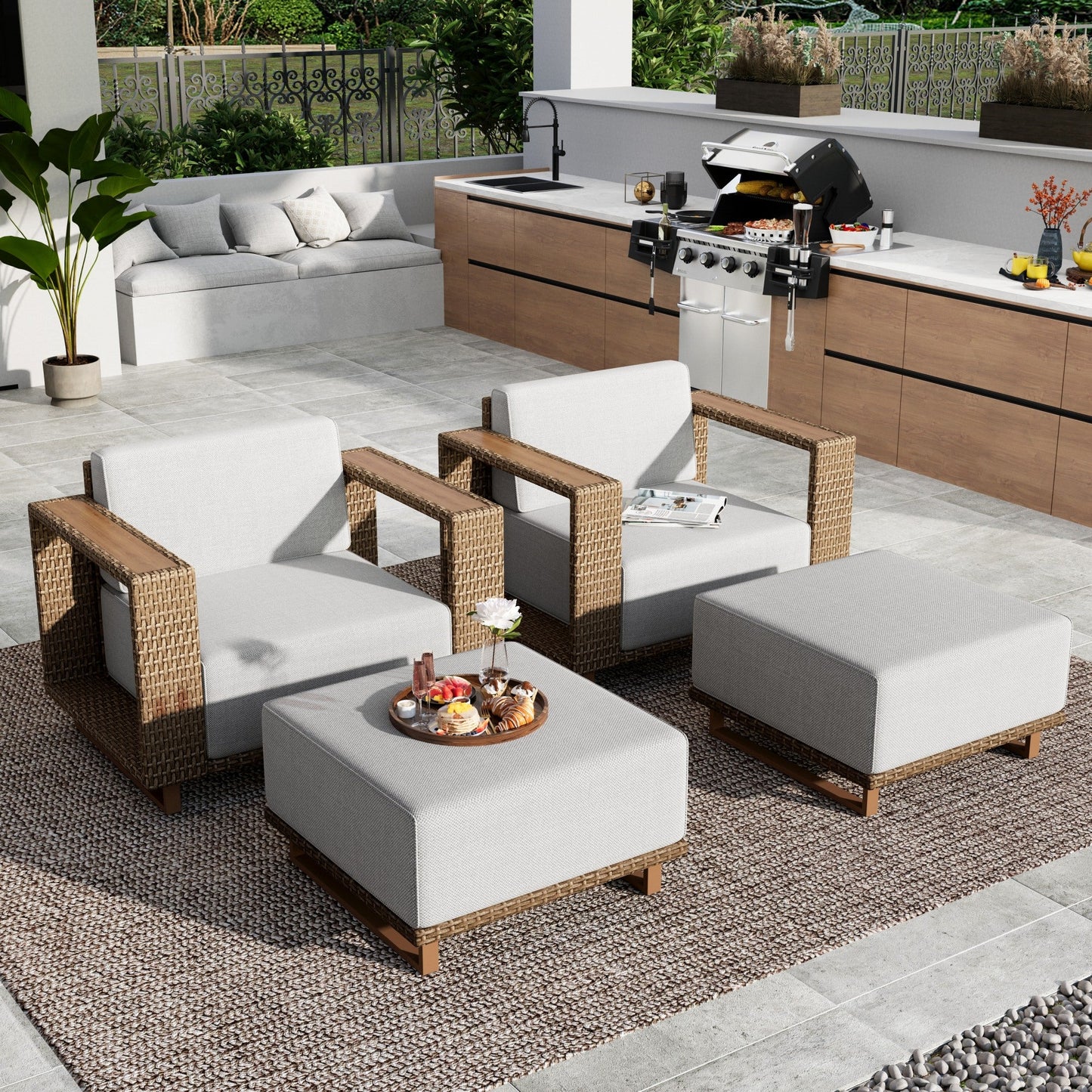 MF Studio Patio Furniture Set, Outdoor Wicker Lounge Chair and Ottoman Set with Thick Cushions, Beige