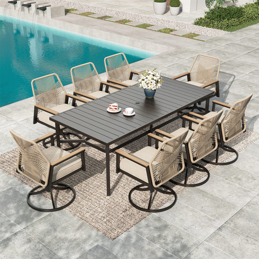 MF Studio Patio Table and Chairs Set, 9-Piece Outdoor Dining Set with Swivel All-Weather Rattan Rope Chair and 83" Rectangular Table, Black and Beige