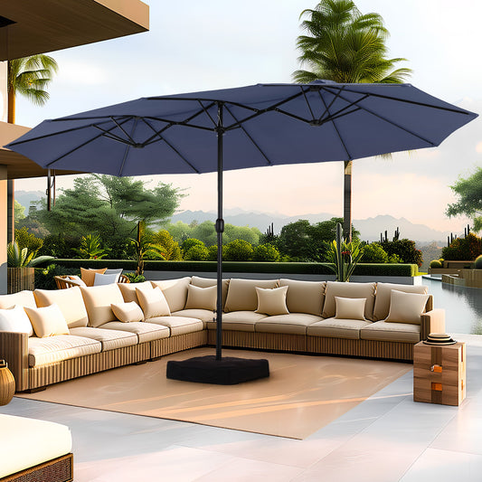 SUMMIT LIVING 15 ft Double Sided Patio Umbrella with Base Large Outdoor Table Umbrella Navy Blue