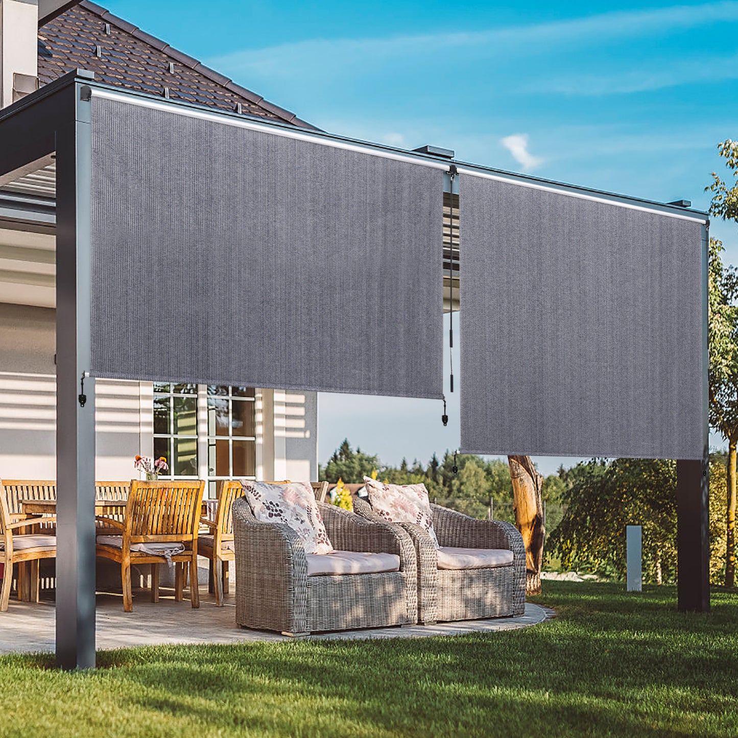 Summit Living Outdoor Patio Roller Sun Shade, Crank Operated Fabric Blind, Cordless Roll Up Shade, W 7 ft x H 6 ft, Blue Gray
