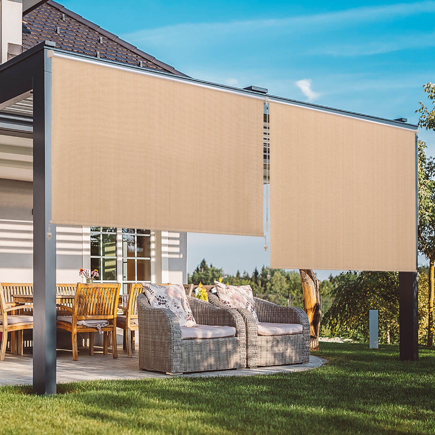 Summit Living Outdoor Patio Roller Sun Shade, Crank Operated Fabric Blind, Cordless Roll Up Shade, W 7 ft x H 6 ft, Beige