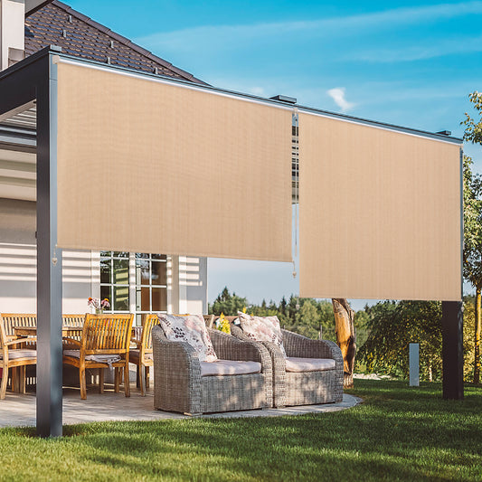 Summit Living Outdoor Patio Roller Sun Shade, Crank Operated Fabric Blind, Cordless Roll Up Shade, W 7 ft x H 6 ft, Beige