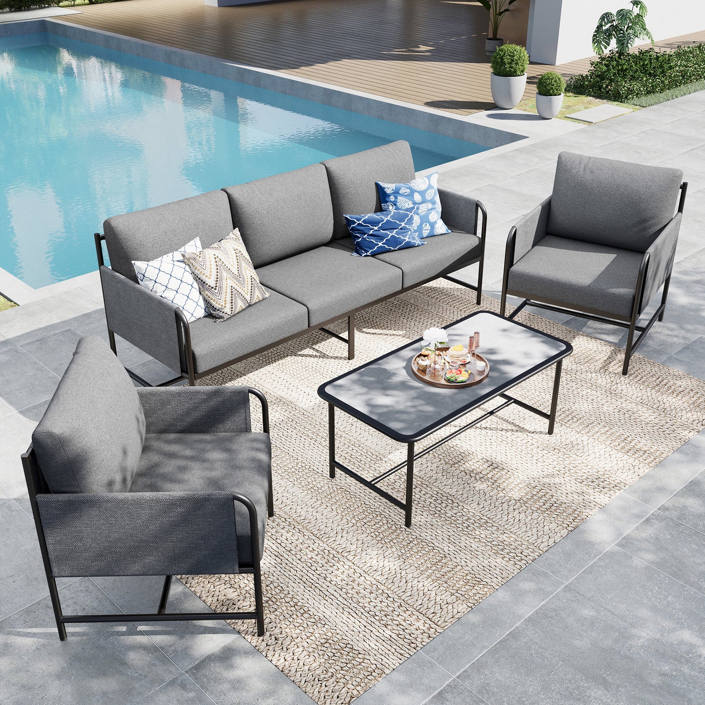 MF Studio 5-Seat Modern Minimalism Patio Conversation Set with Coffee Table, Outdoor Metal Sectional Furniture set with Wide & Deep Seat for Balcony, Garden, Deck, Poolside, Gray