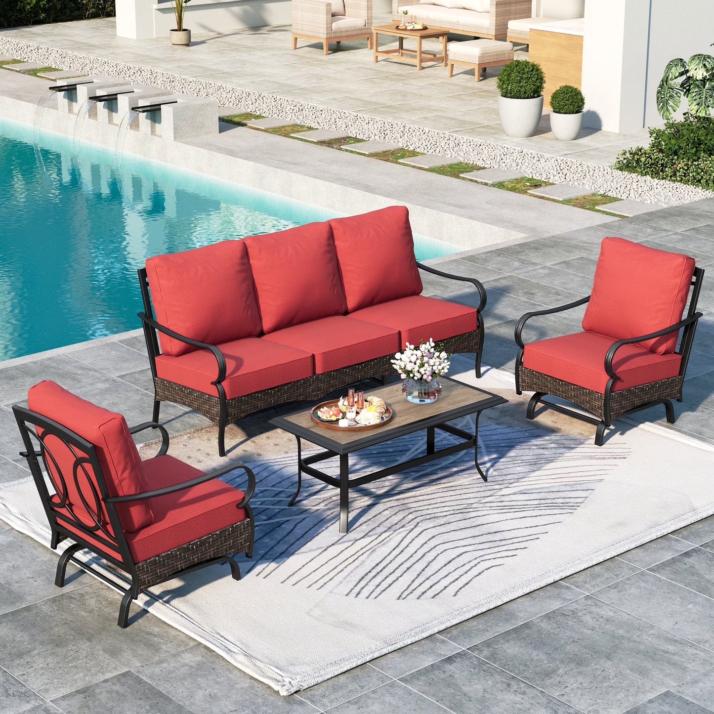 SUMMIT LIVING 4-Piece Outdoor Patio Conversation Set with Wood-look Coffee Table, Outdoor Patio Furniture Set for 5 People, Red