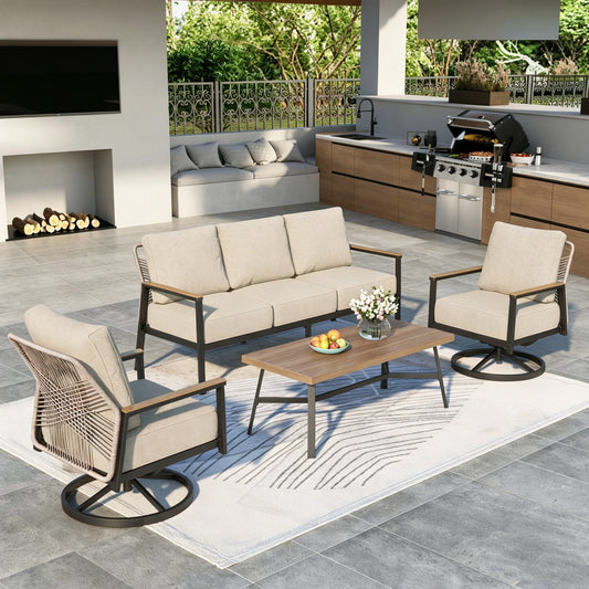 MF Studio Wicker Outdoor Patio Furniture Set, 5-Seat Patio Conversation Set with Swivel Chairs, PE Rattan Outdoor Sofa Set, Beige