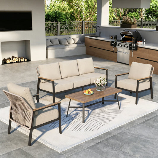 MF Studio Wicker Outdoor Patio Furniture Set, 5-Seat Patio Conversation Set with Coffee Table, PE Rattan Outdoor Sofa Set, Beige