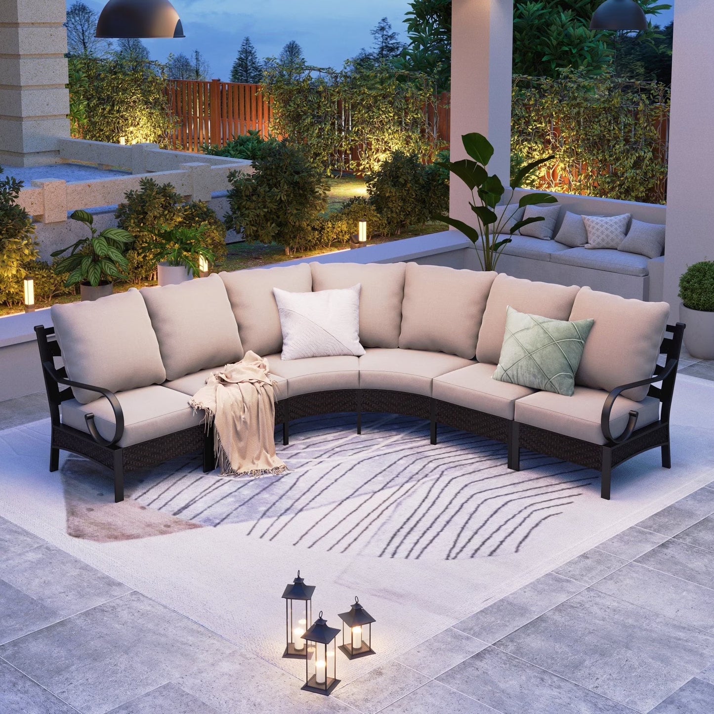 Summit Living Outdoor Patio Furniture Set with Modular Sofa, 6-Piece Outdoor Conversation Set with All-Weather Cushions, Half-Moon Patio Sectional Sofa Set, Beige