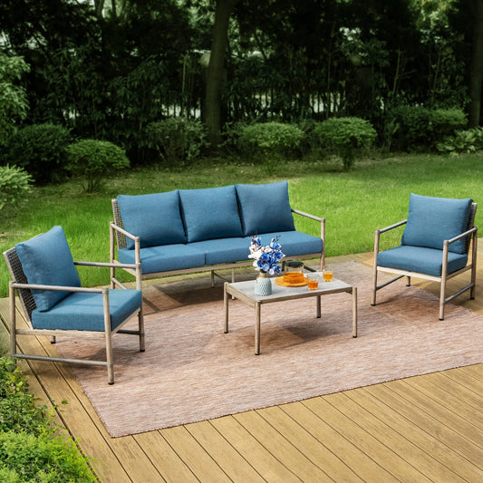 MF Studio 5-Seat Outdoor Patio Conversation Set, Country Farmhouse Wood-Grained Metal Frame & Wicker Back, Gray & Blue