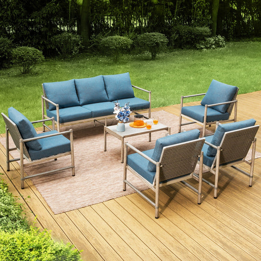 MF Studio 7-Seat Outdoor Patio Conversation Set, Country Farmhouse Wood-Grained Metal Frame & Wicker Back, Gray & Blue