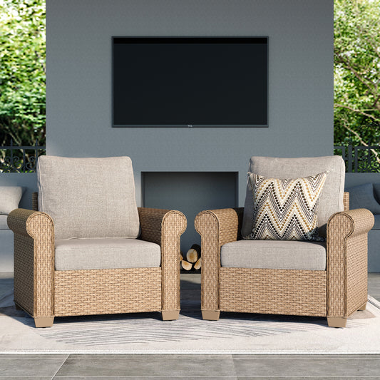 MF Studio 2-Pack Outdoor Wicker Club Lounge Chairs, Patio Furniture Set of 2, Beige Cushions