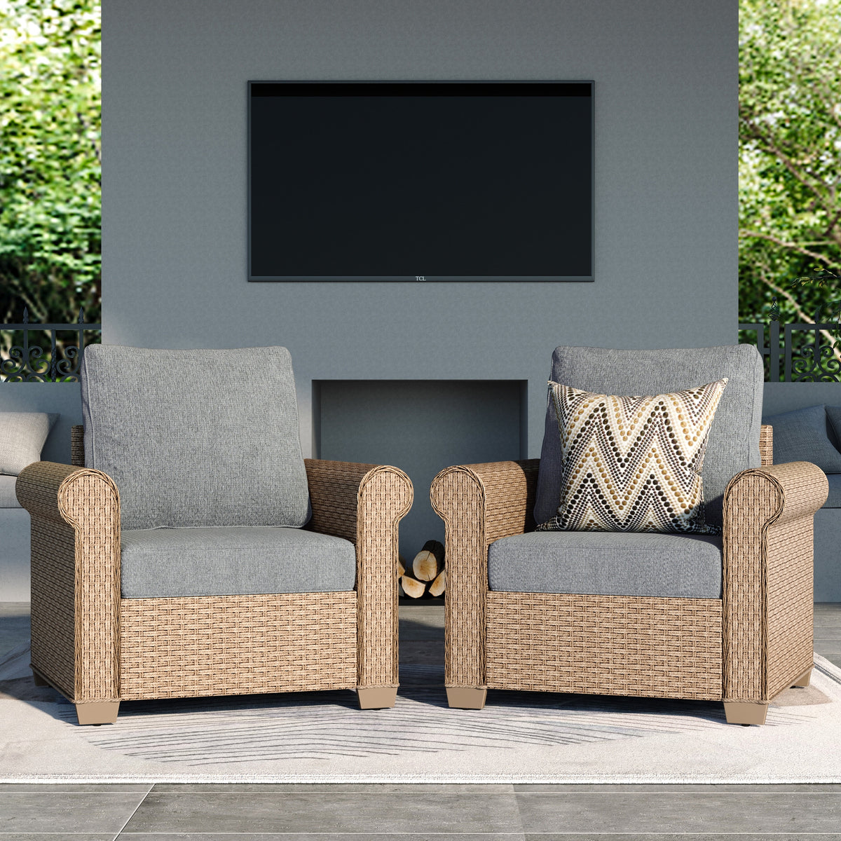 SUMMIT LIVING 2-Pack Outdoor Wicker Club Lounge Chairs, Patio Furniture Set of 2, Gray Cushions
