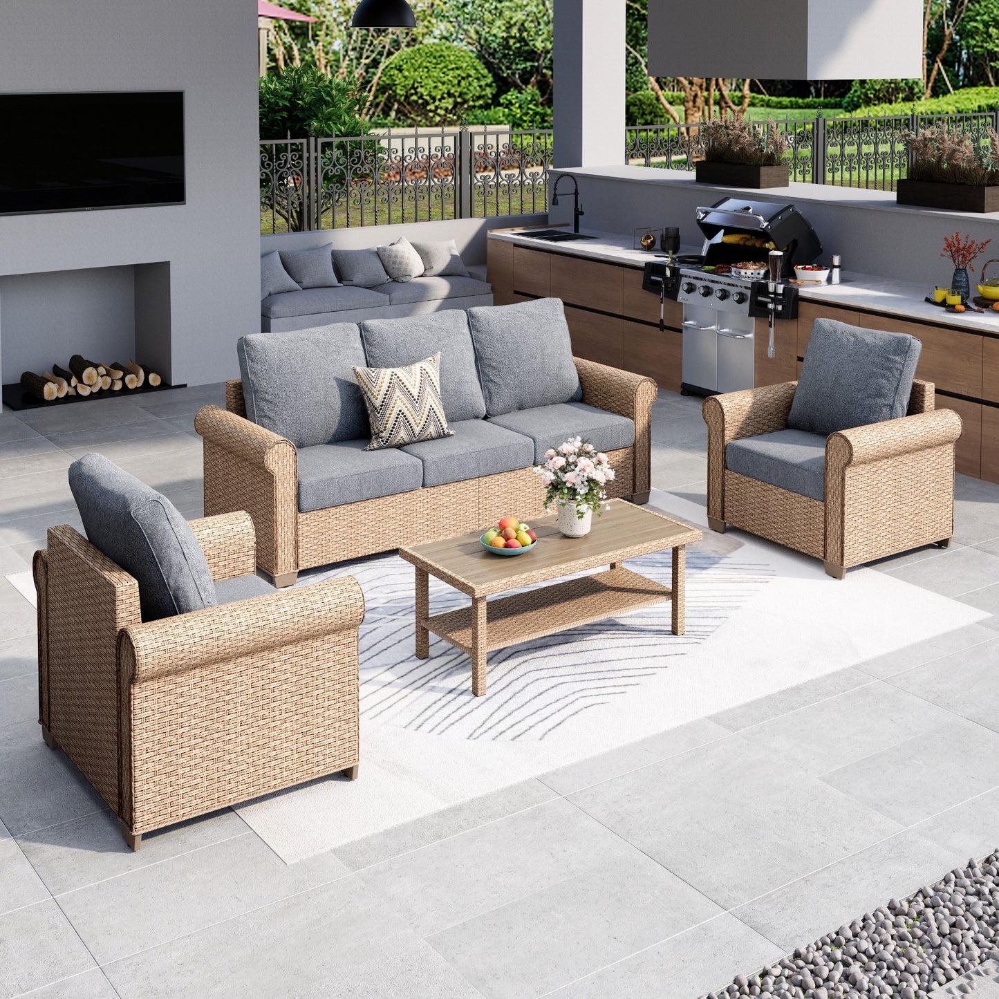 MF Studio 4-Piece Wicker Patio Furniture Set, 5-Seat Rattan Outdoor Furniture Set, Patio Conversation Set with Double-Tier Coffee Table, Gray
