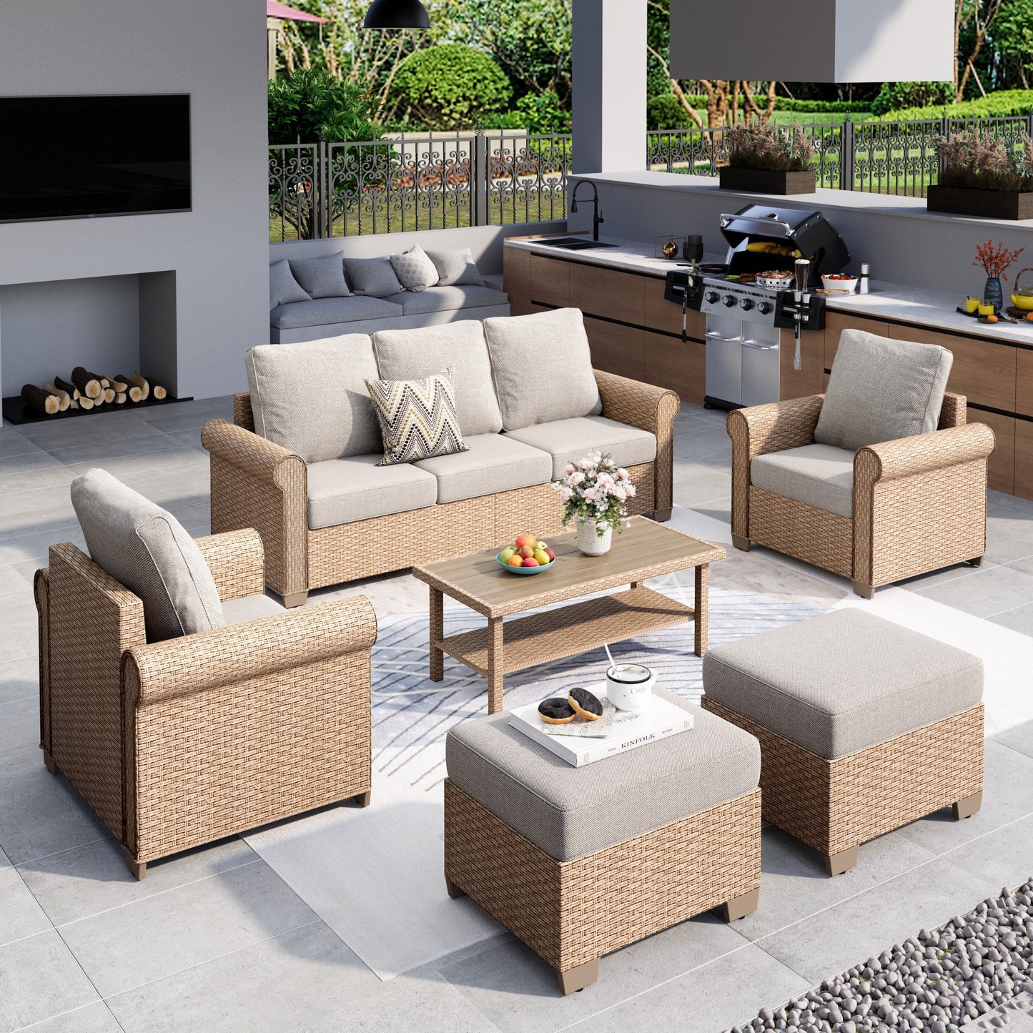 MF Studio 6-Piece Wicker Outdoor Conversation Set, 7-Seat Rattan Patio Furniture Set with 2 Ottomans and Double-Tier Coffee Table