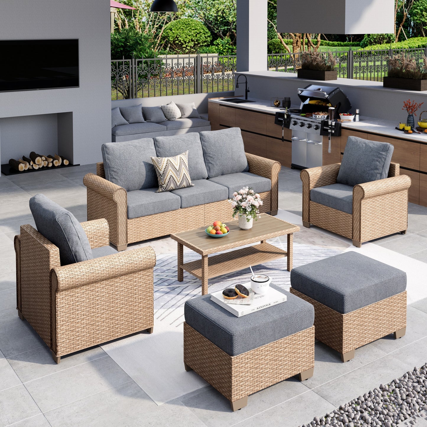 MF Studio 6-Piece Wicker Outdoor Conversation Set, 7-Seat Rattan Patio Furniture Set with 2 Ottomans and Double-Tier Coffee Table, Gray