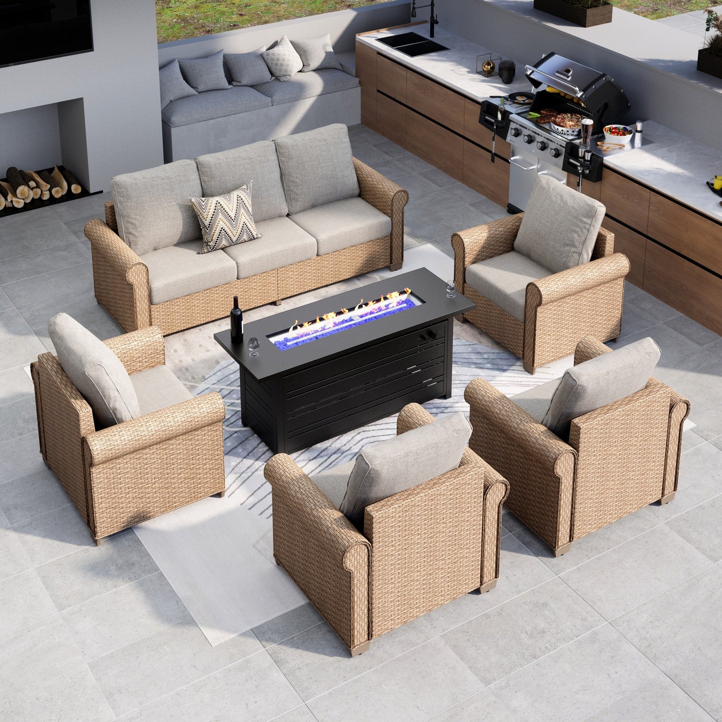 MF Studio 6-Piece Wicker Outdoor Conversation Set with 56'' Rectangle Fire Pit Table, 7-Seat Rattan Patio Furniture Set, Beige and Black