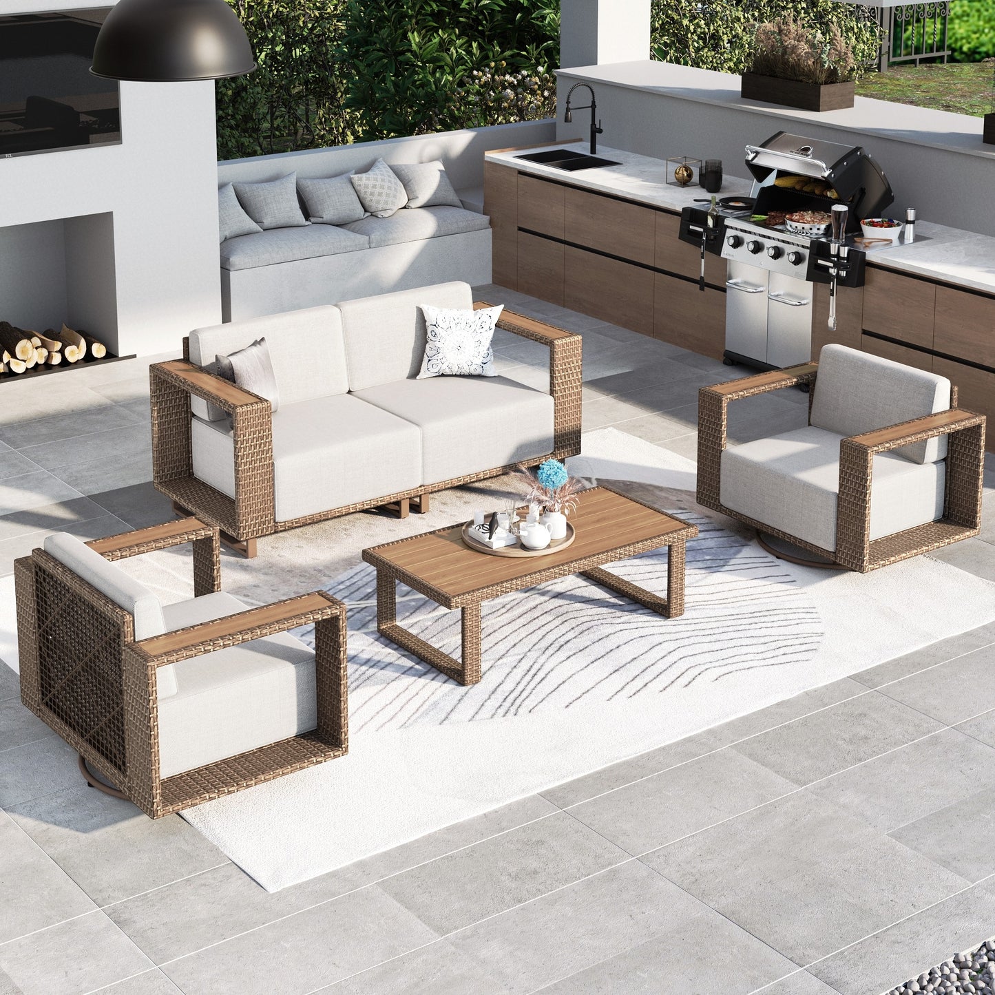 MF Studio 5-Piece Patio Furniture Set with Swivel Chairs, Wicker Outdoor Conversation Sofa Set with Coffee Table, Beige