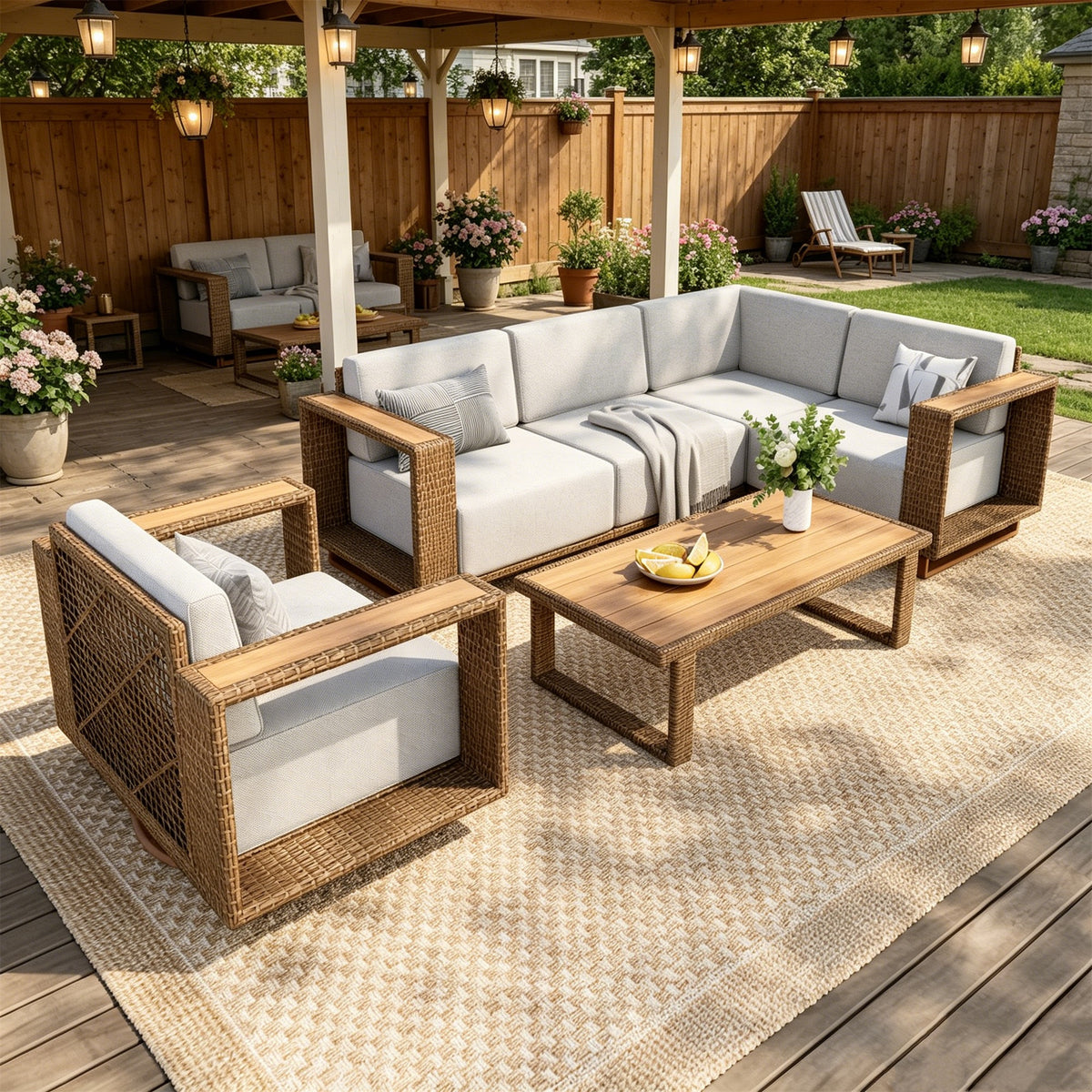 SUMMIT LIVING 6-Piece Wicker Patio Furniture Set, All-Weather L-Shaped Outdoor Sectional Sofa with Swivel Sofa and Coffee Table for Garden Backyard, Beige