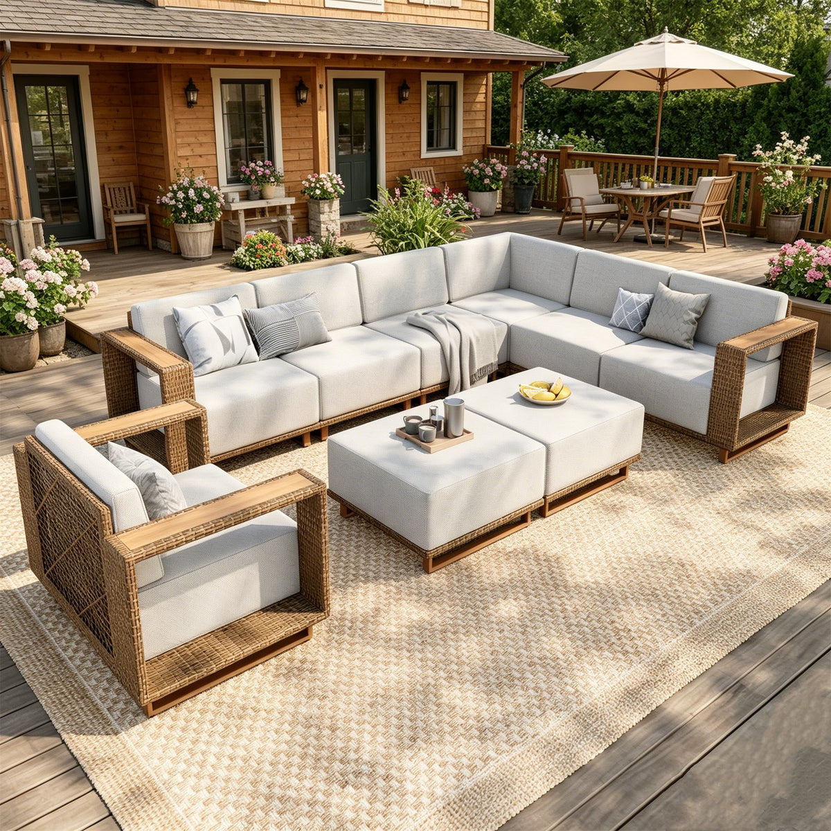 SUMMIT LIVING 9-Piece Wicker Patio Furniture Set, Outdoor Sectional Conversation Set with 2 Ottomans & Single Sofa for Garden Backyard, Beige