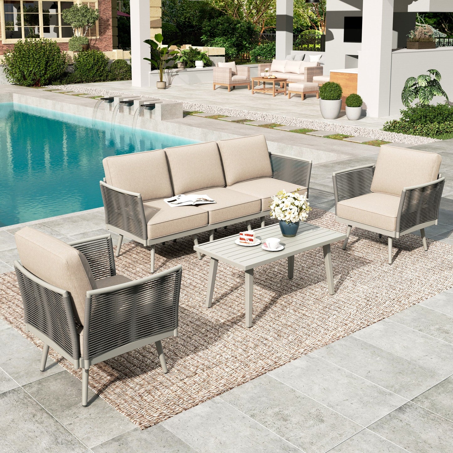 Summit Living 4-Piece Wicker Patio Furniture Set with Detachable Armrests and Thick Cushions, 5 Seat Outdoor Conversation Set with Coffee Table, Cool Gray