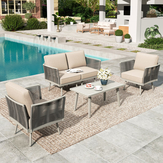 Summit Living 4 Pieces Wicker Patio Furniture Set with Detachable Armrests and Thick Cushions, 4 Seat Outdoor Conversation Set with Coffee Table, Cool Gray