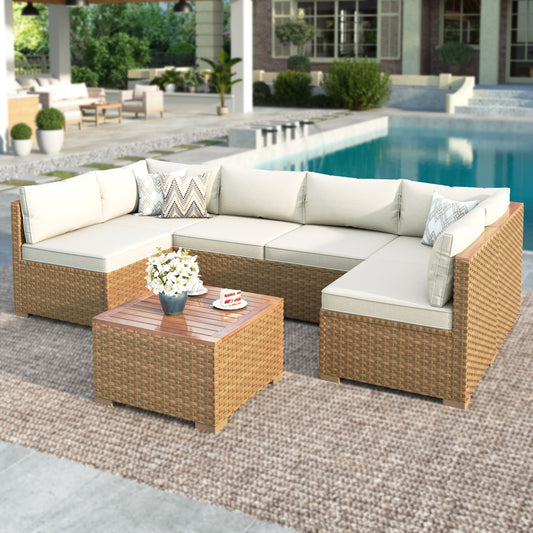 MF Studio 6-Piece Wicker Patio Furniture Set, All-Weather Outdoor Sectional Set, 6-Seat Outdoor Conversation Set with Table & Cushions, Beige