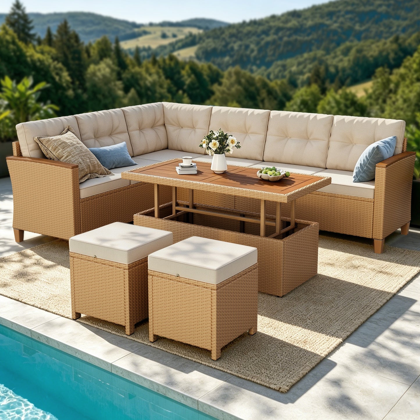 SUMMIT LIVING 6-Piece Wicker Outdoor Patio Furniture Set with Wood Lift Top Coffee Table and Ottomans, 8-Seat Outdoor Patio Sectional Set with Hidden Storage Space, Beige