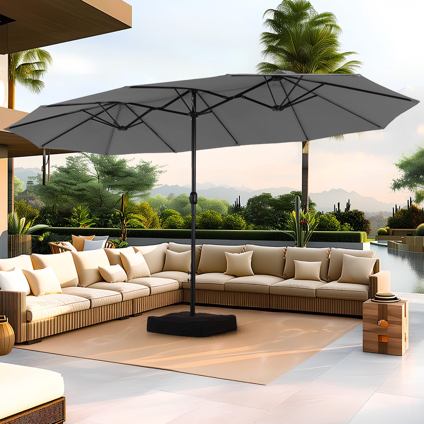 SUMMIT LIVING 15 FT Patio Umbrella with Base Included Large Outdoor Market Umbrella Gray